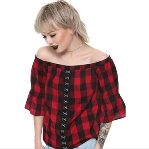 Hot Topic Red Black Plaid Off-Shoulder Top